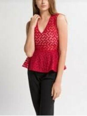 MAJE Floral Lace Peplum V Neck Sleeveless Red Sheer Top Size 2